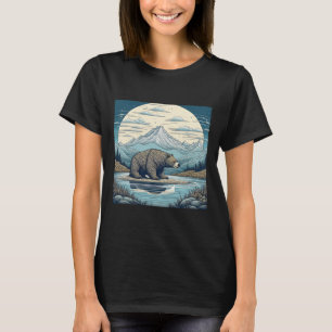 くま、山、湖、満月 AI アート Tシャツ