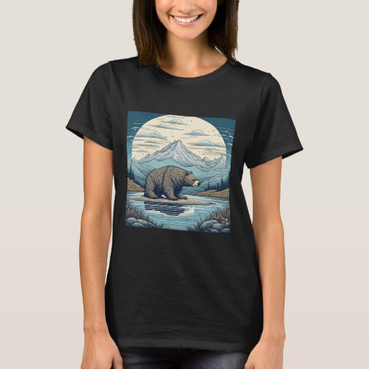 くま、山、湖、満月 AI アート Tシャツ (正面)
