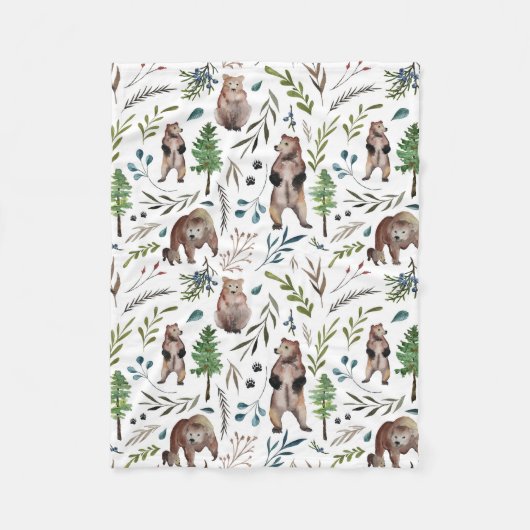 くま、葉および木毛布 フリースブランケット (正面)