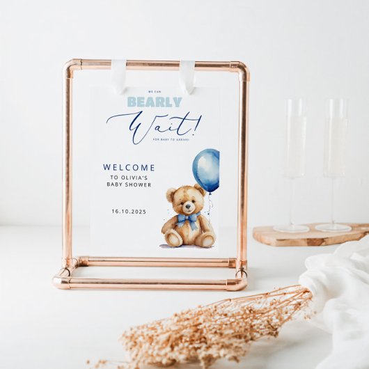 くま 青い風船 男の子 ベビーシャワー歓迎 ポスター