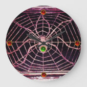 くもおよびくもの巣の赤いルビー、緑のエメラルドの宝石の黒 ラージ壁時計 (正面)