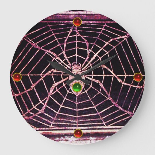くもおよびくもの巣の赤いルビー、緑のエメラルドの宝石の黒 ラージ壁時計 (正面)