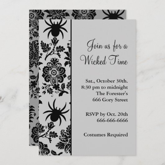 くものダマスク織のHalloweeenの招待状(灰色) 招待状 (正面/裏面)