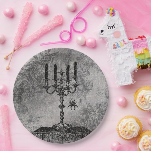くも、ハロウィンが付いているゴシック様式燭台 ペーパープレート (パーティー)