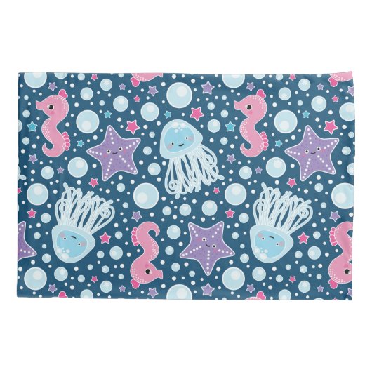 くらげ及びタツノオトシゴ|の紫色のモノグラム 枕カバー (裏面)