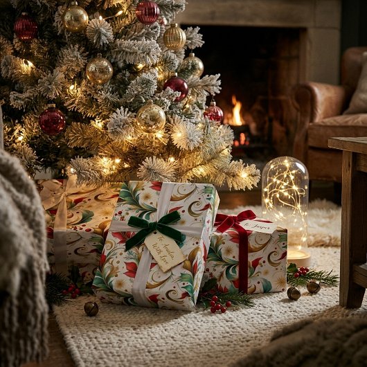 くるくる渦巻いたクリスマスの花模様 ラッピングペーパー