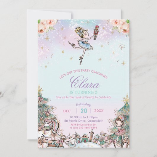くるみクラッカーシュガープラムフェアリーのクリスマス誕生日 招待状 (正面)