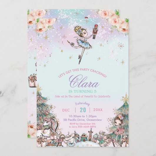 くるみクラッカーシュガープラムフェアリーのクリスマス誕生日 招待状 (正面/裏面)