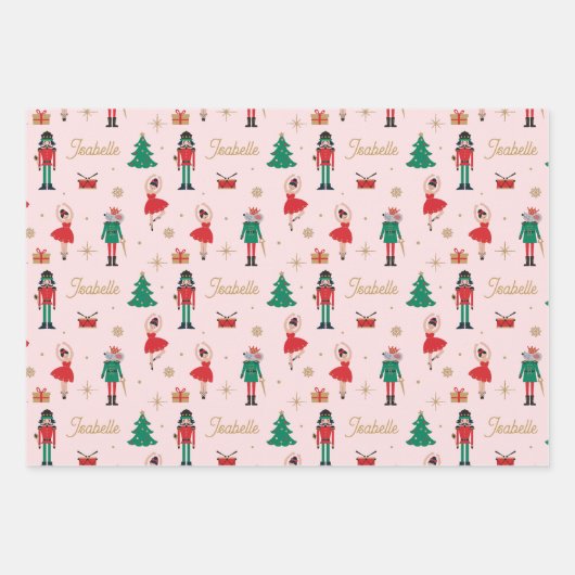 くるみクラッカーバレエピンク名前をカスタムするクリスマス ラッピングペーパーシート (正面)