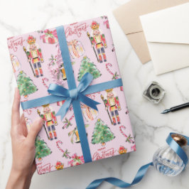 くるみクラッカーパステルピンクヴィンテージスケッチクリスマス ラッピングペーパー