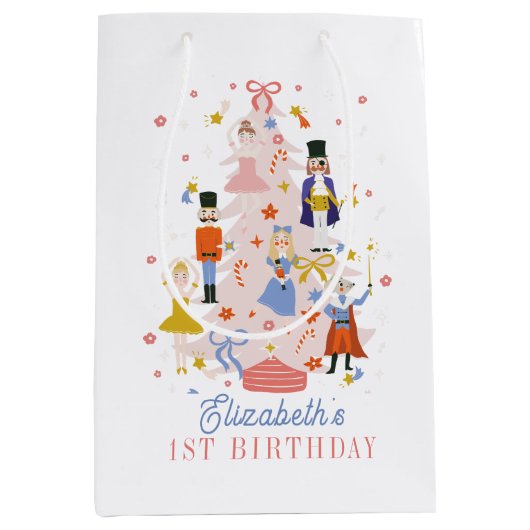 くるみクラッカーピンククリスマスツリーホリデイ誕生日ミー ミディアムペーパーバッグ (正面)