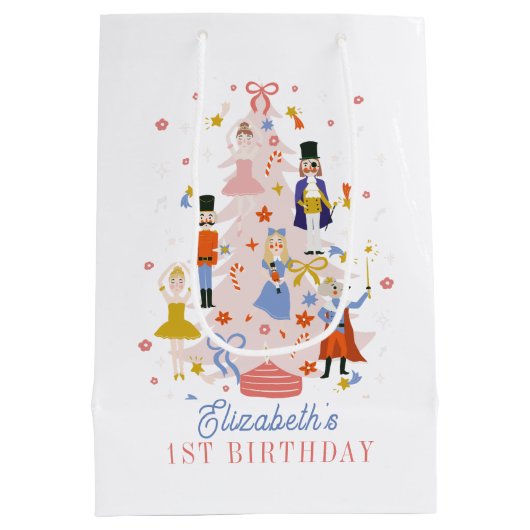 くるみクラッカーピンククリスマスツリーホリデイ誕生日ミー ミディアムペーパーバッグ (裏面)