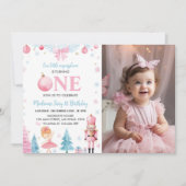 くるみクラッカーピンクフェアリー誕生日写真招待状 招待状 (正面)