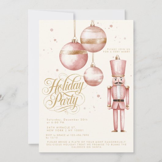 くるみクラッカーピンク金ゴールドオーナメントホリデーパーティー 招待状 (正面)