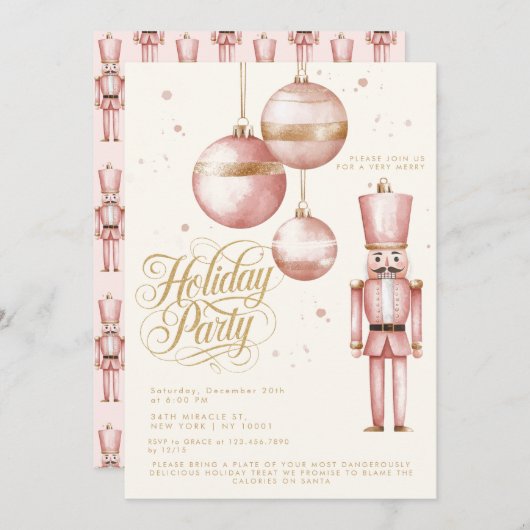 くるみクラッカーピンク金ゴールドオーナメントホリデーパーティー 招待状 (正面/裏面)