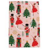 くるみクラッカー&バレリーナかわいいピンクのクリスマス ミディアムペーパーバッグ (正面)