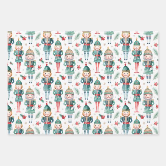 くるみ割りクリスマスグリーン&プレイド ラッピングペーパーシート (正面2)