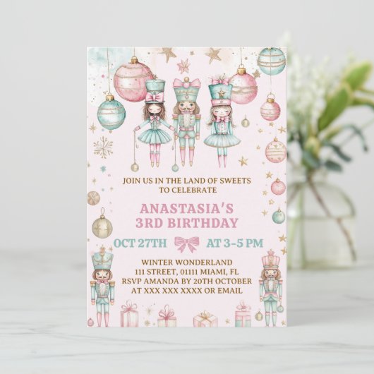くるみ割りクリスマスピンクのワンダーランドの3番目の誕生日 招待状 (スタンド正面)