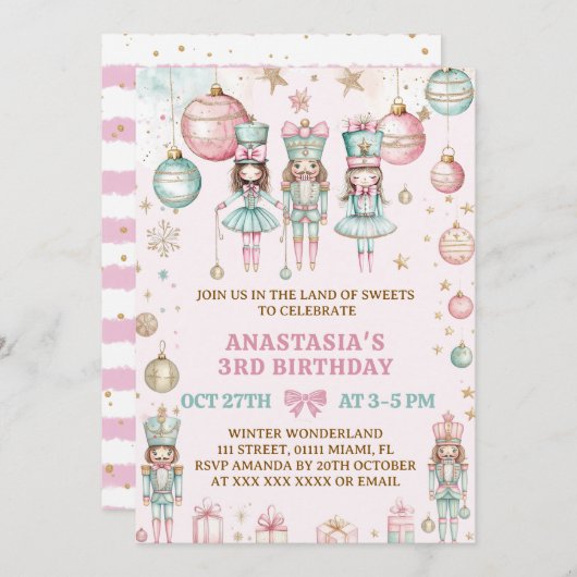 くるみ割りクリスマスピンクのワンダーランドの3番目の誕生日 招待状 (正面/裏面)