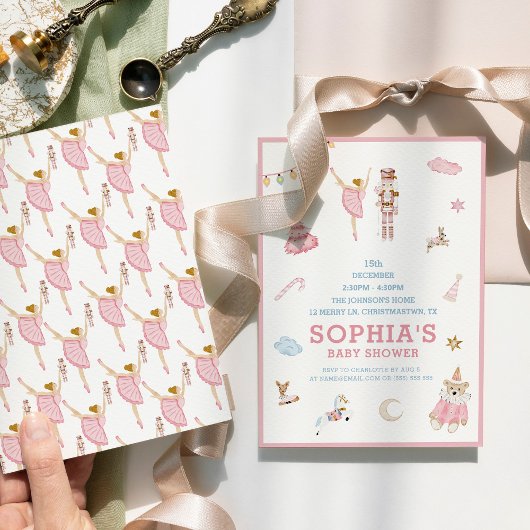 くるみ割りバレリーナクリスマスピンク赤ちゃんシャワー 招待状