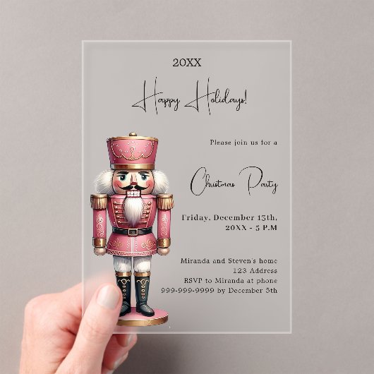 くるみ割りピンクの曇りクリスマスパーティー アクリル招待状 (インサイチュ (ポータブル))