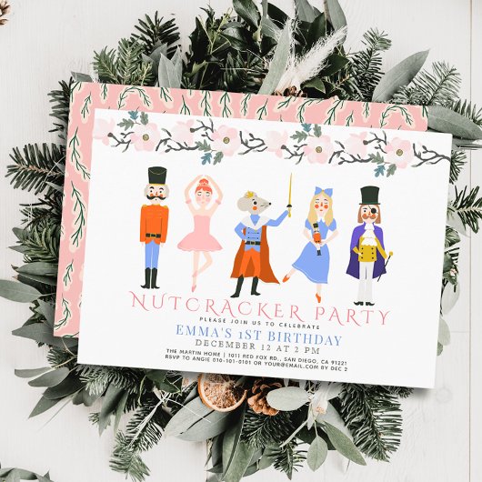 くるみ割りピンククリスマスフローラ1st誕生日 招待状