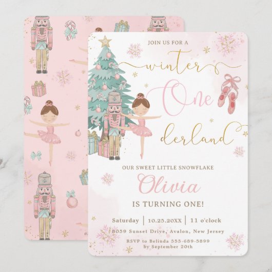 くるみ割り人形のウィンターオンデーランド1歳誕生日 招待状 (正面/裏面)