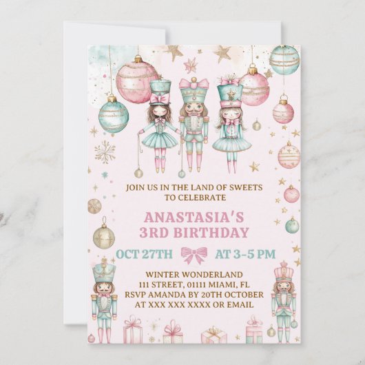 くるみ割り人形のクリスマスピンクワンダーランド3歳の誕生日 招待状 (正面)