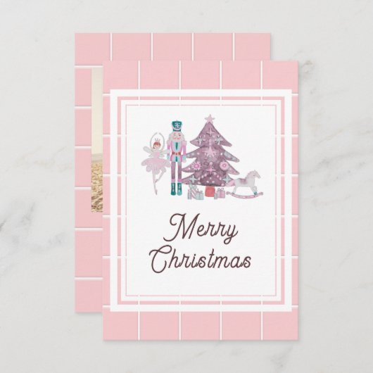 くるみ割り人形のクリスマス写真ピンク感謝カード サンキューカード (正面/裏面)