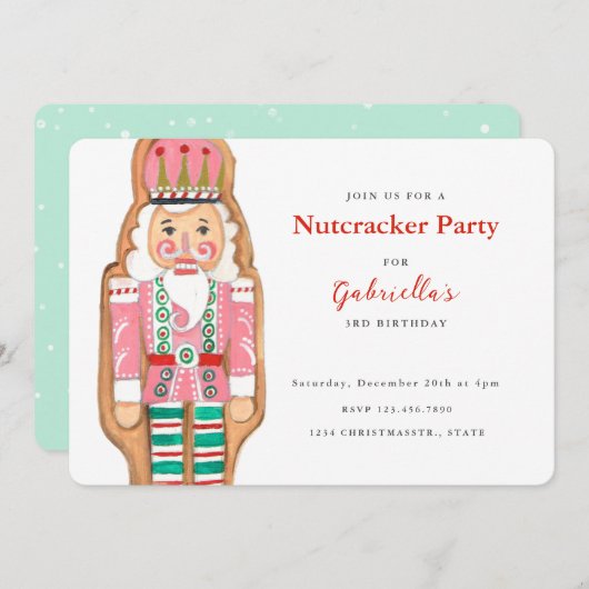 くるみ割り人形のピンクとターコイズの冬の雪のホリデー 招待状 (正面/裏面)