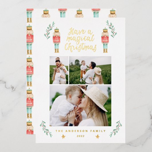 くるみ割り人形の水彩画3枚の写真 箔シーズンカード (正面/裏面)