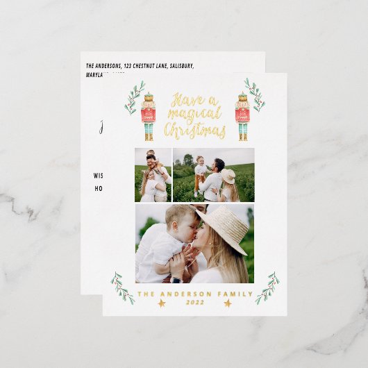 くるみ割り人形の水彩画3枚の写真 箔シーズンポストカード (正面/裏面)