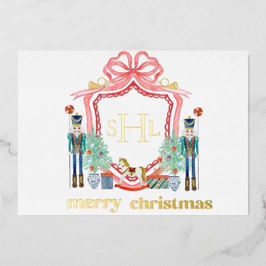 くるみ割り人形 ゴールドホイル モノグラム 写真 クリスマスカード 箔招待状 (正面)