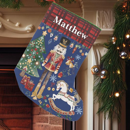 くるみ割り兵士バレエヴィンテージレッドジンガムブルー スモールクリスマスストッキング