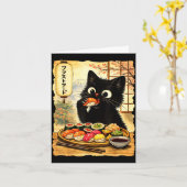 くろいかわいいねこが寿司を食べる日本の食品 カード (黄色い花)