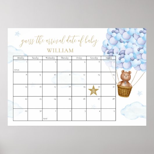 くんちゃんの誕生日予想 テディベア ブルー ベビーシャワー ポスター (正面)