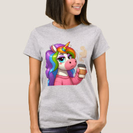 ぐるぐるコーヒーで目を覚ますユニコーンのキャラクター Tシャツ