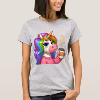 ぐるぐるコーヒーで目を覚ますユニコーンのキャラクター Tシャツ