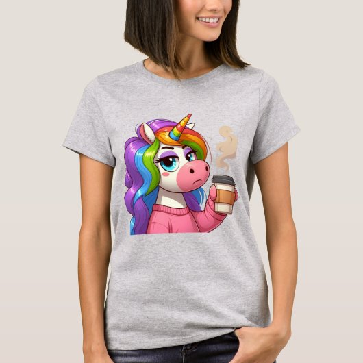 ぐるぐるコーヒーで目を覚ますユニコーンのキャラクター Tシャツ (正面)