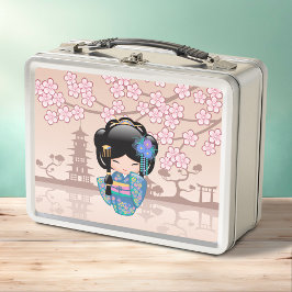 けいこ 伝統的な小さいこけし人形 - 青い着物の芸者 メタルランチボックス