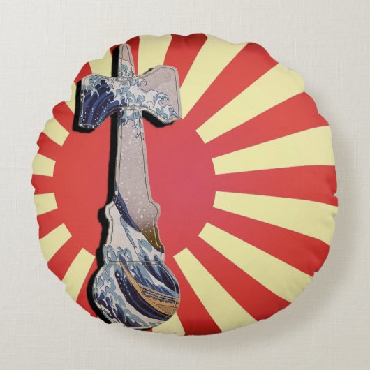 けん玉波灯台ヴィンテージ日本国旗 ラウンドクッション (正面)