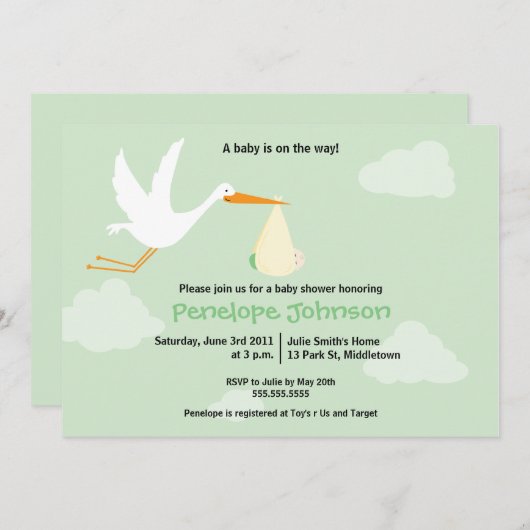 こうのとりのベビーシャワーの招待状-男の子か女の子 招待状 (正面/裏面)