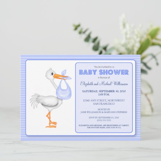 こうのとりの到着のベビーシャワーの招待状(青い) 招待状 (スタンド正面)