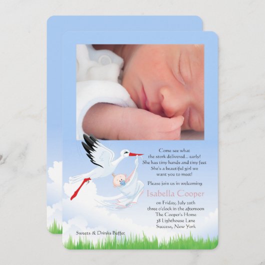 こうのとりの早い配達写真のポストのベビーシャワーの女の子 招待状 (正面/裏面)