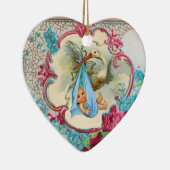 こうのとりの男の赤ちゃんのシャワー2のモノグラムの青のアクアマリン セラミックオーナメント (右)