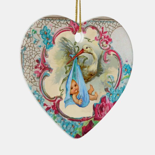 こうのとりの男の赤ちゃんのシャワー2のモノグラムの青のアクアマリン セラミックオーナメント (右)