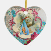 こうのとりの男の赤ちゃんのシャワー2のモノグラムの青のアクアマリン セラミックオーナメント (正面)