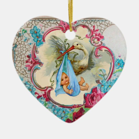 こうのとりの男の赤ちゃんのシャワー2のモノグラムの青のアクアマリン セラミックオーナメント (正面)