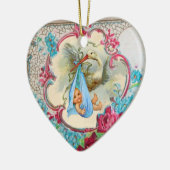 こうのとりの男の赤ちゃんのシャワー2のモノグラムの青のアクアマリン セラミックオーナメント (左)