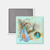 こうのとりの男の赤ちゃんのシャワー2のモノグラム、turquase マグネット (正面/裏面)